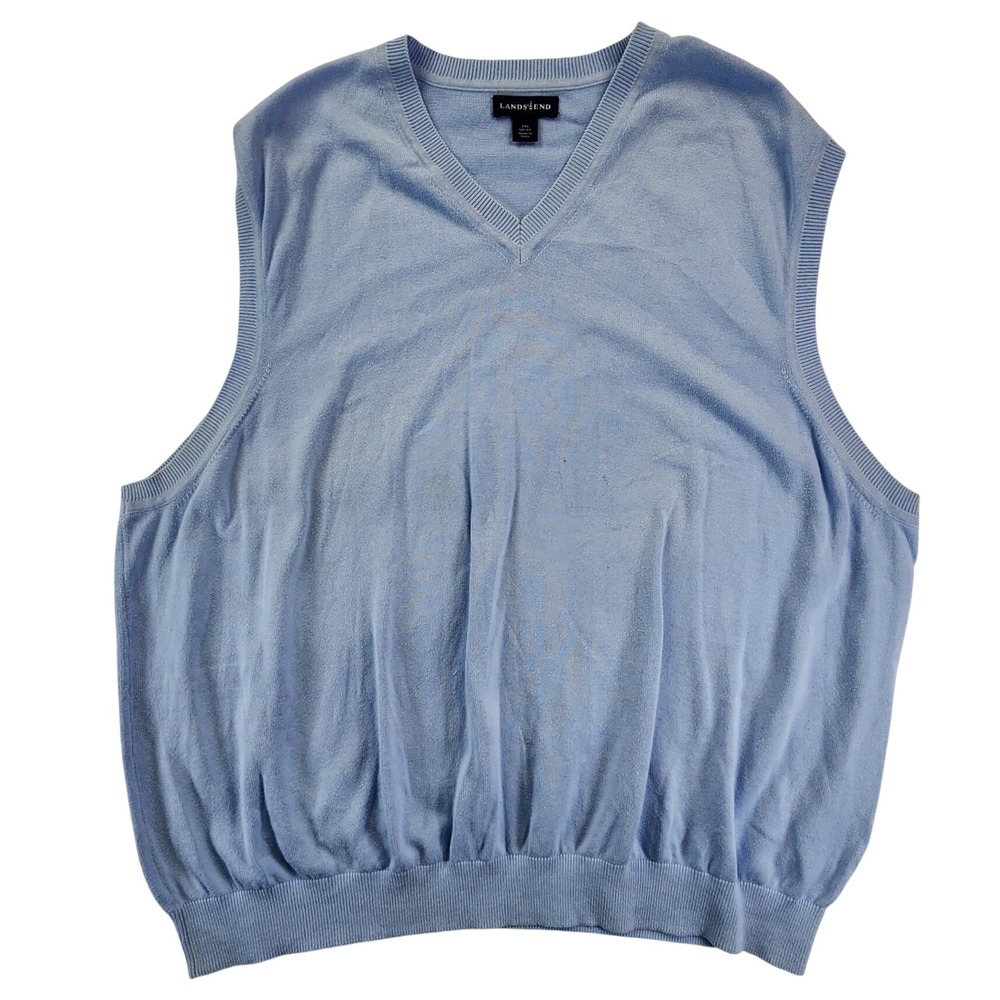 Lands End Men 2XL Blue Sweater‎ Vest V-Neck Preppy Classic Business Casual Knit
